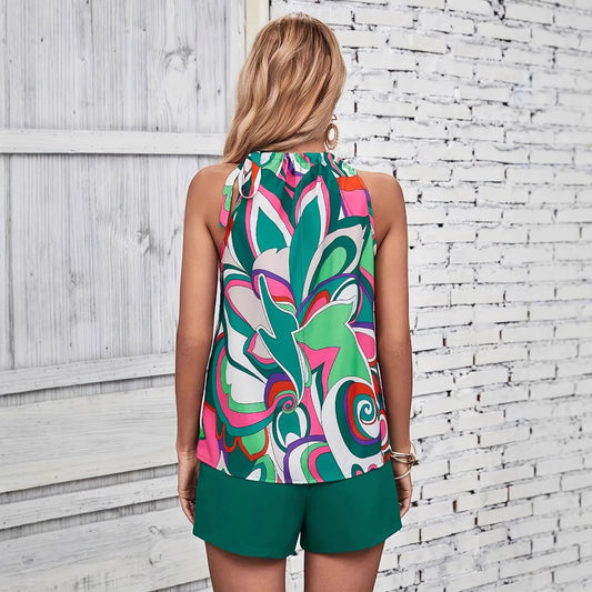 Womens Fashionable Casual Printed Strap Sleeveless Top And Shorts Set