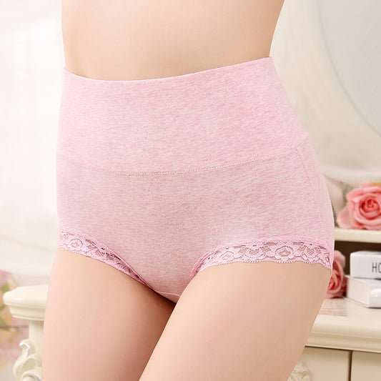 Solid Color Lace Trim Pure Cotton High Waist Briefs