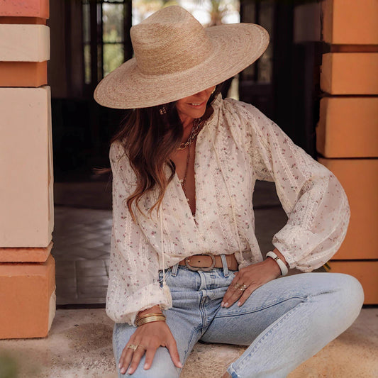 Womens Casual V-Neck Embroidered Shirt With Drawstring Trim