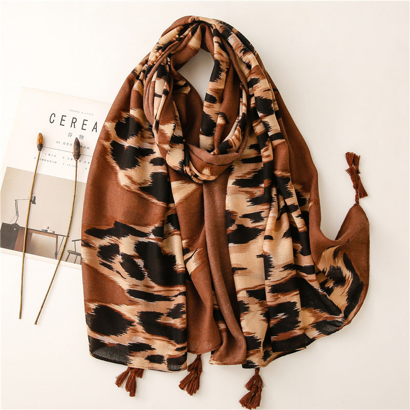 Versatile Leopard Women's Tassel Warm Sunscreen Scarf
