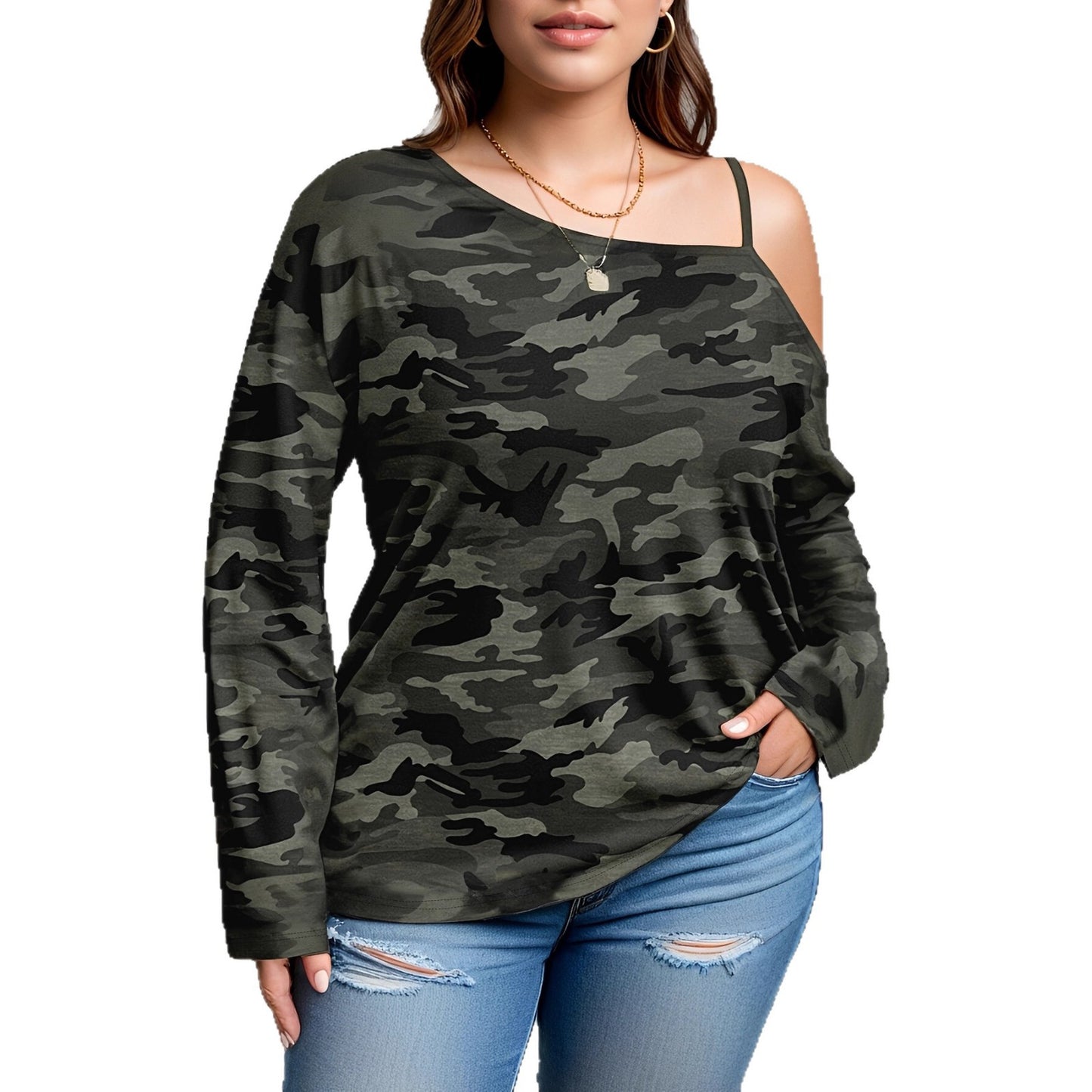Plus-size Women's Solid-color Off-shoulder Long-sleeve T-shirt