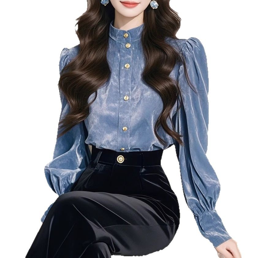 Womens Sophisticated Blue Stand-Collar Velvet Shirt