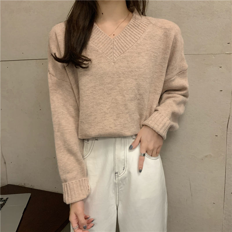 Cotton Cashmere Casual Laid-back Style V-neck Pullover Sweater