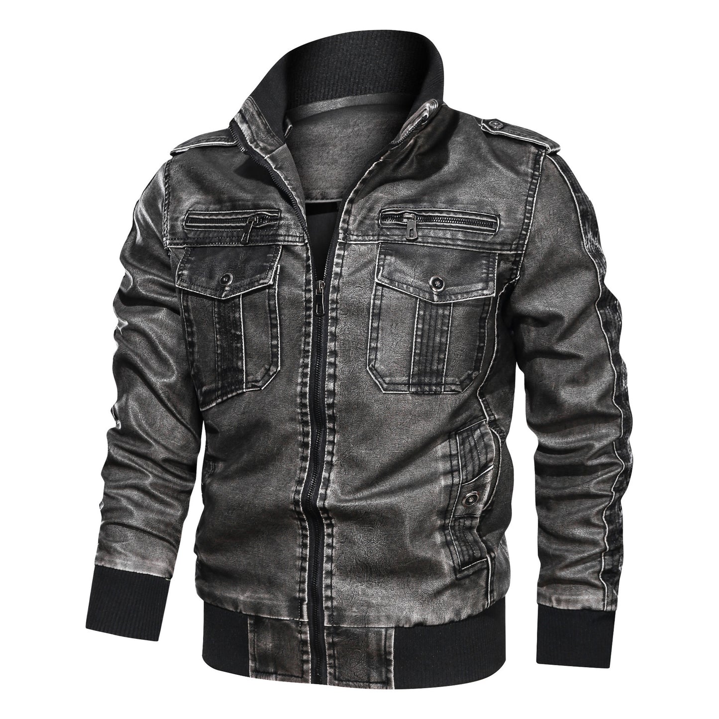 Washed PU Leather Jacket Plus Size Motorcycle Leather Coat