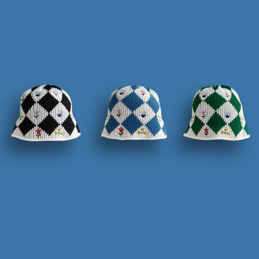 Diamond Check Flower Embroidered Knit Fisherman Hat
