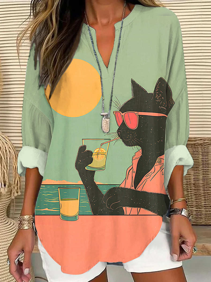 Trendy Floral-print V-neck Long-sleeve Top