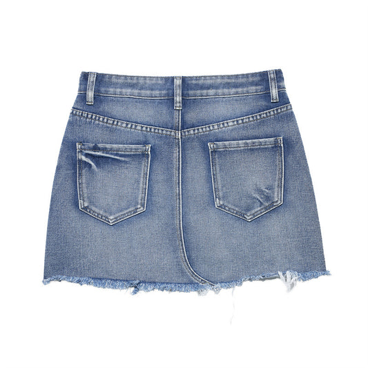 Moderne Afslappet Denim Miniskirt Med Huller i Europæisk og Amerikansk Stil