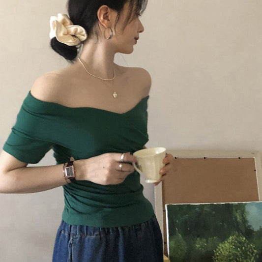 Ny Hong Kong-stil retro off-shoulder kortærmet T-shirt