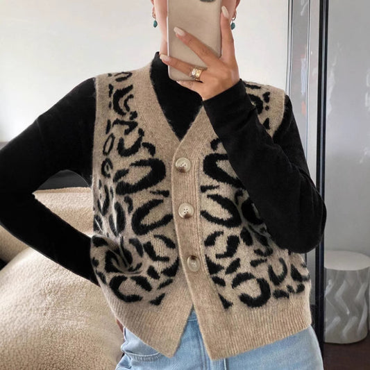 Leopard Print V-neck Knitted Cardigan Sweater Coat For Women