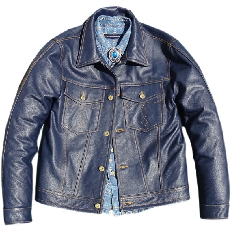 Head Layer Cowhide Knight Short Leather Jacket Top