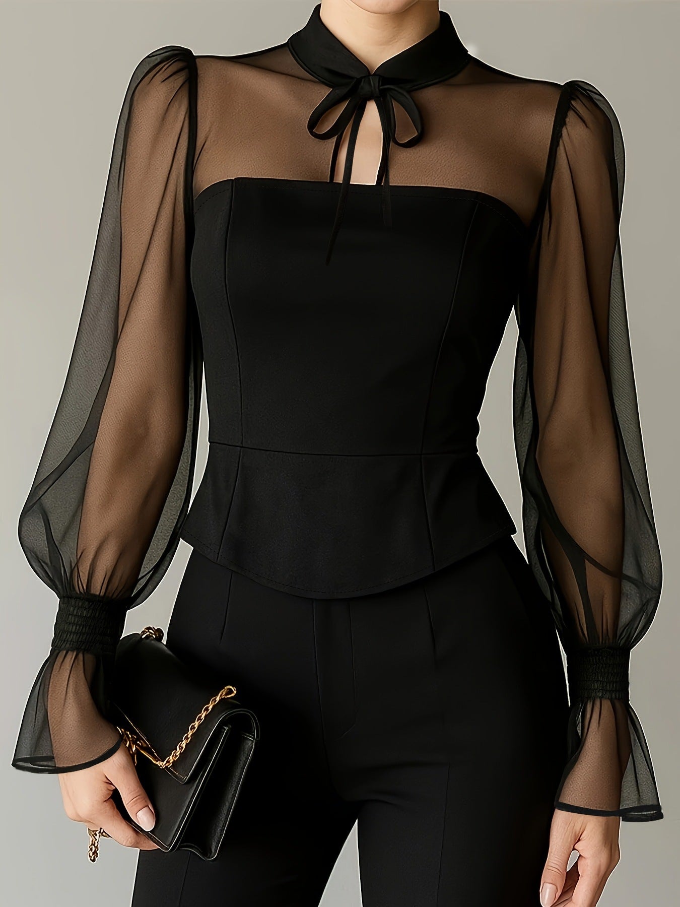 Stylish New Womens Blouse With An Elegant Puff-sleeve Neckline And Tie Detailing