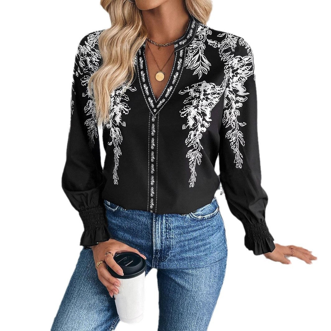 Womens Casual Long-sleeve V-neck Blouse