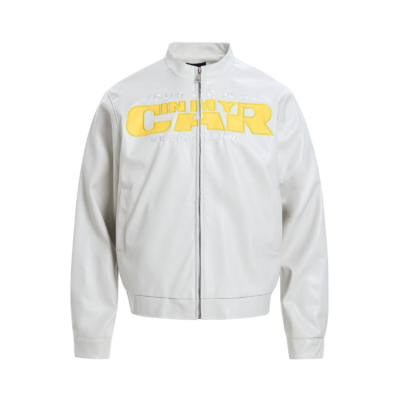 American Street Motorcycle Style Letter Patchwork PU Leather Jacket