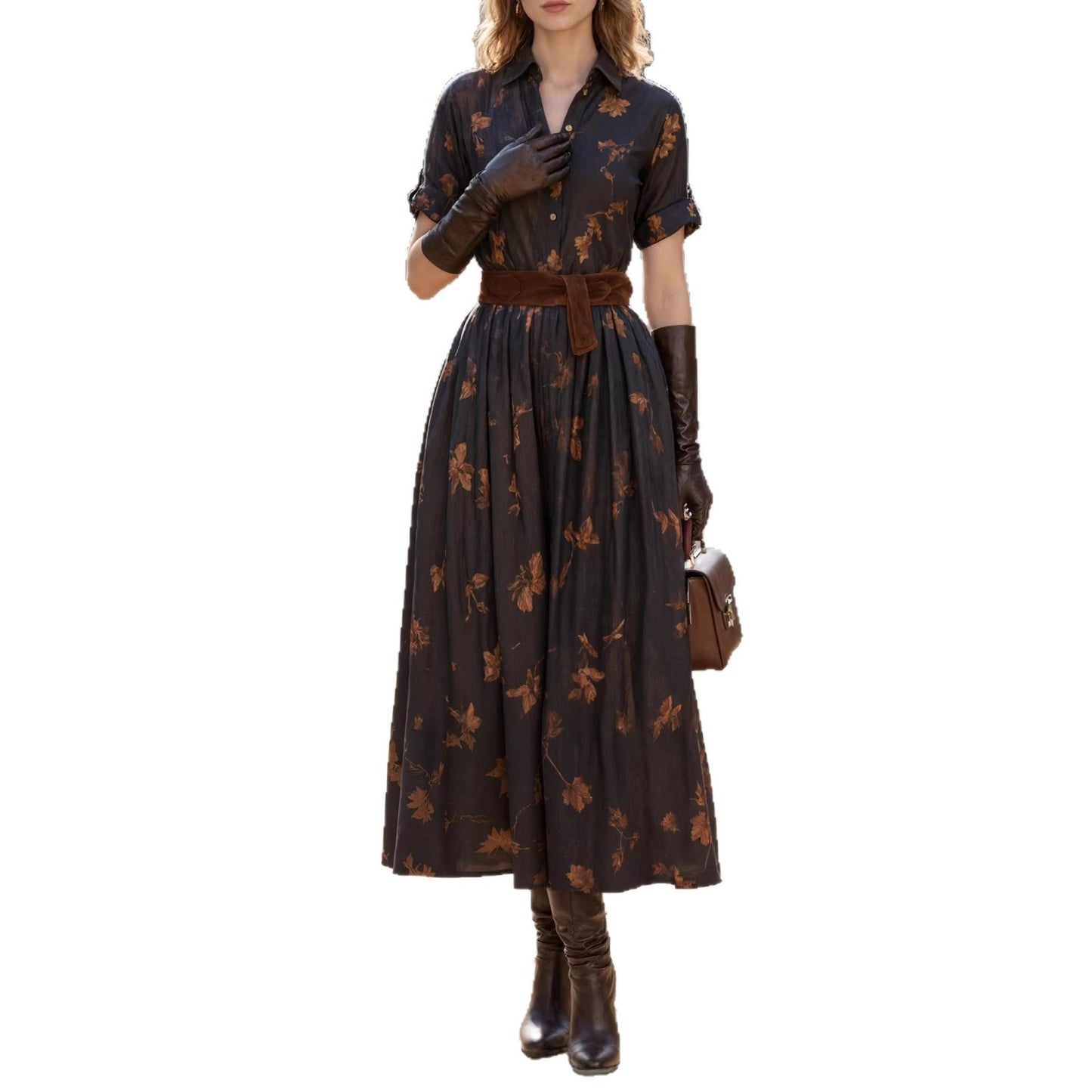 Womens Casual Retro Printed Waist-Cinching Short-Sleeve Dress