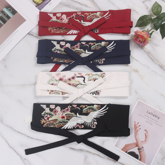 Flower Crane Embroidery Bow Tie Tie Belt Waist Seal
