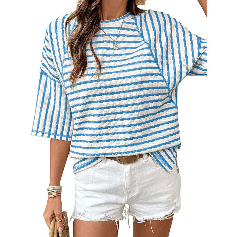Womens Crew-Neck Pullover T-Shirt Simple, Versatile Striped Half-Sleeve Tee In European And American Style