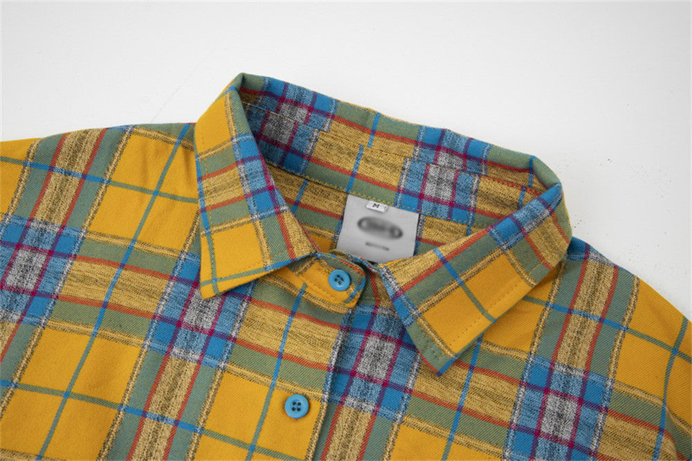 Contrast Color Veneer Puzzle Embroidery Long Shirt Lapel