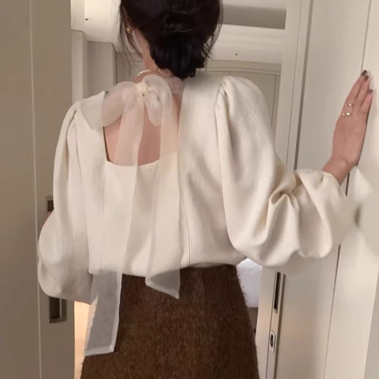 Womens Solid-Color V-Neck Backless Tie-Up Bow Loose All-Match Top