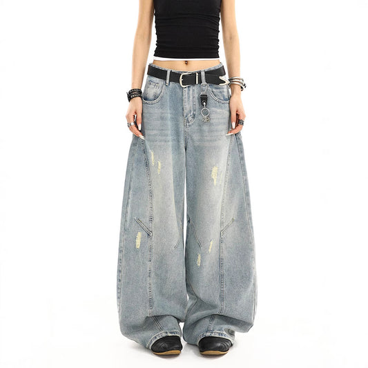 Retro Washed Distressed Loose Straight-leg Wide-leg Pants