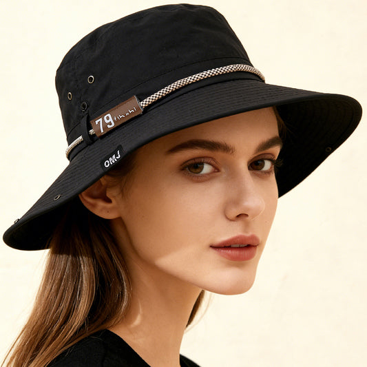 Plain-color Letter-pattern Leather Sun-protective Wide-brimmed Sunshade Outdoor Simple Style Fisherman Hat For Daily Commuting, Fishing, Mountain Climbing