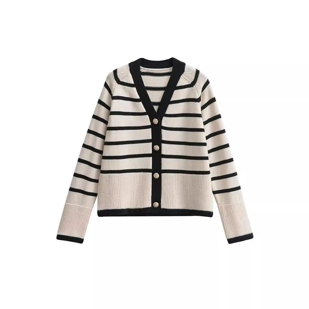 V-neck Loose And Idle Contrast Color Striped Knitted Coat