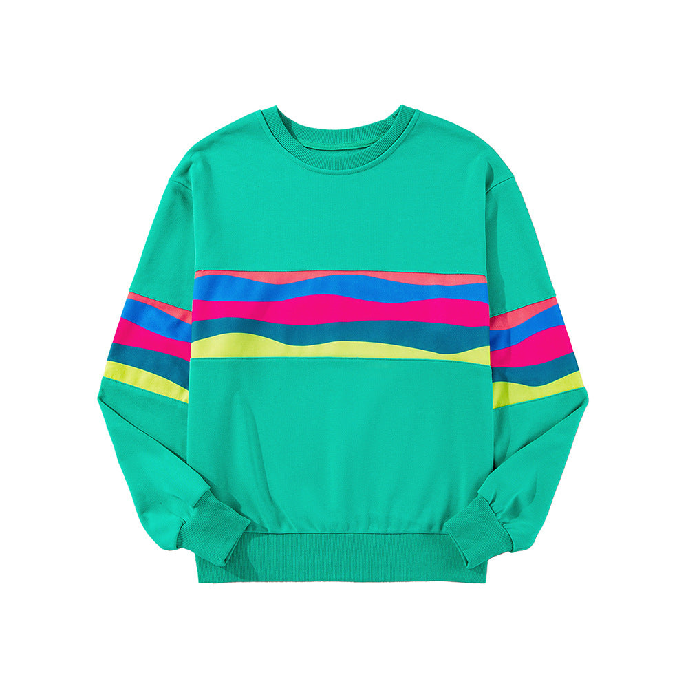 Casual Loose All-match Drop-shoulder Color Striped Round Neck T-shirt