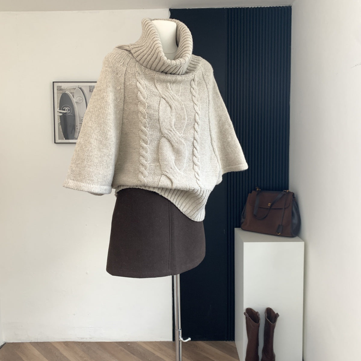 FallWinter Loose Turtleneck Knit Top And Wool Skirt Womens Set