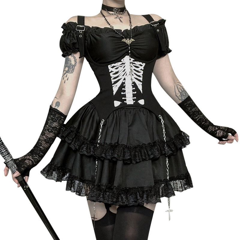Off-the-shoulder Two-way-wear Gothic-style Sexy Slim-fit Mini Skirt