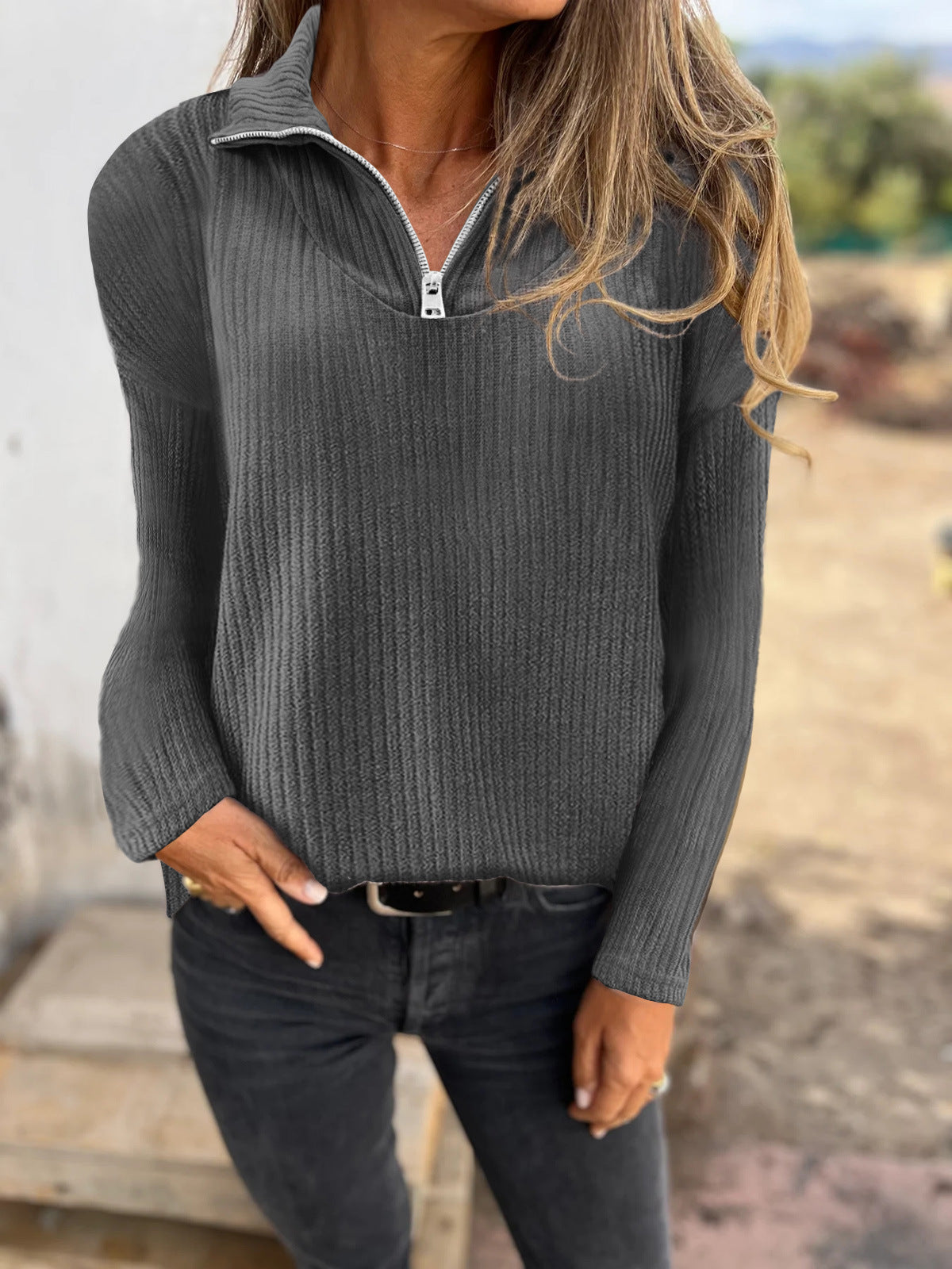 Zipper Pullover Long-sleeved Sweater Casual Coat