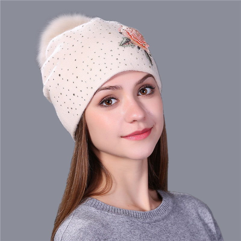 Big Fox Fur Ball Flower Embroidery Knitted Hat 15cm