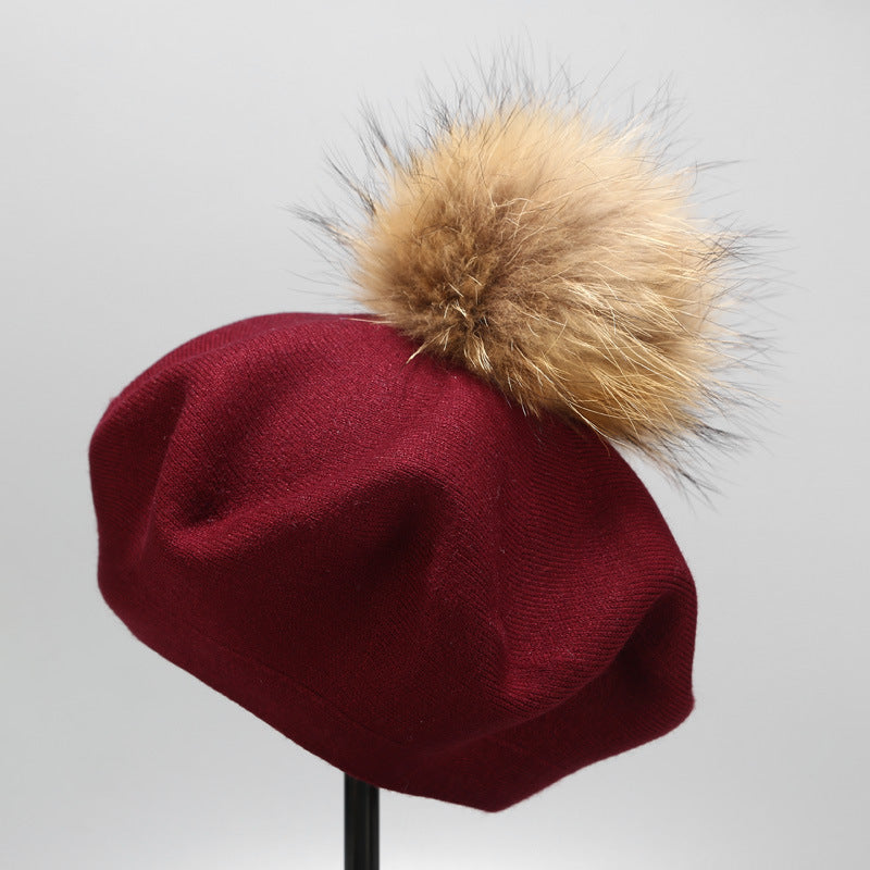 Ins Hat New Real Hair Ball Beret Women