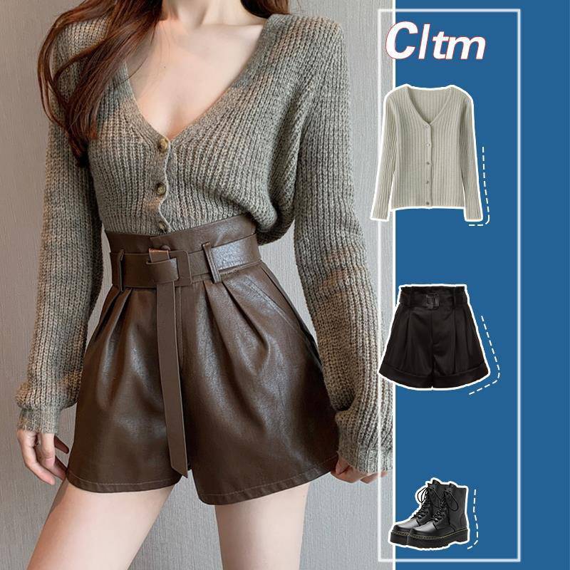 Coffee Color Leather Shorts Women's Autumn And Winter Outer Wear