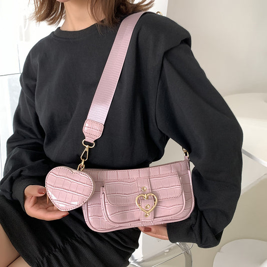 Texture Love Bag Women's Fashion Wide Strap Crossbody