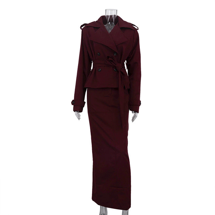 Turn-down Collar Long-sleeve Trench Coat And Commuter Two-piece Set