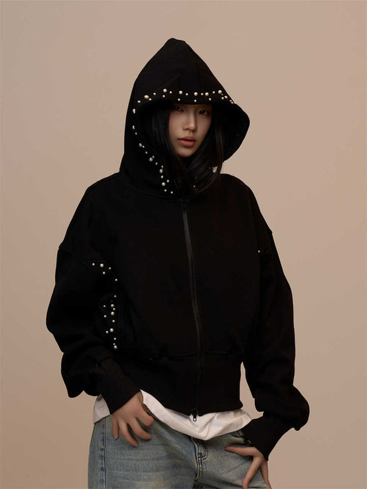 Gray Cardigan Coat Double Zipper Hooded Long Sleeve Top