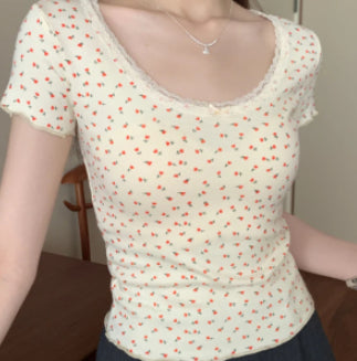 Floral Lace-collared Blouse Loose Round Neck Slim-fit Short Sleeve