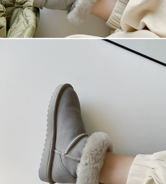 Snow Boots Women's Leather Platform With Short Fleece Tube