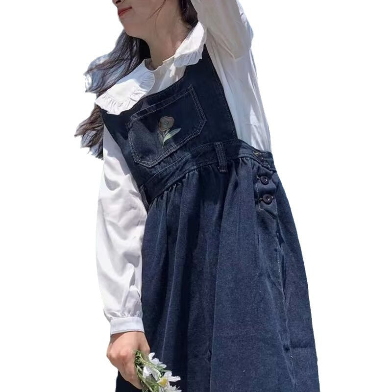 Womens Retro Embroidered Denim Suspender Dress