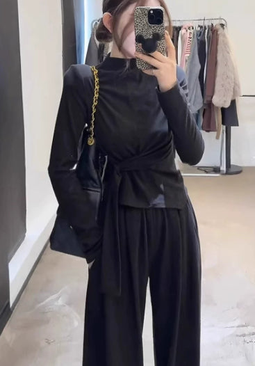 Design-inspired Strap-wrapped Fitted Long-sleeved Top With Wide-leg Pants Set