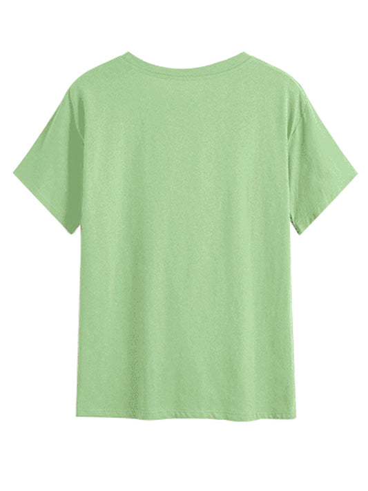 Dame alsidig T-shirt med planetprint, afslappet, løs pasform, korte ærmer