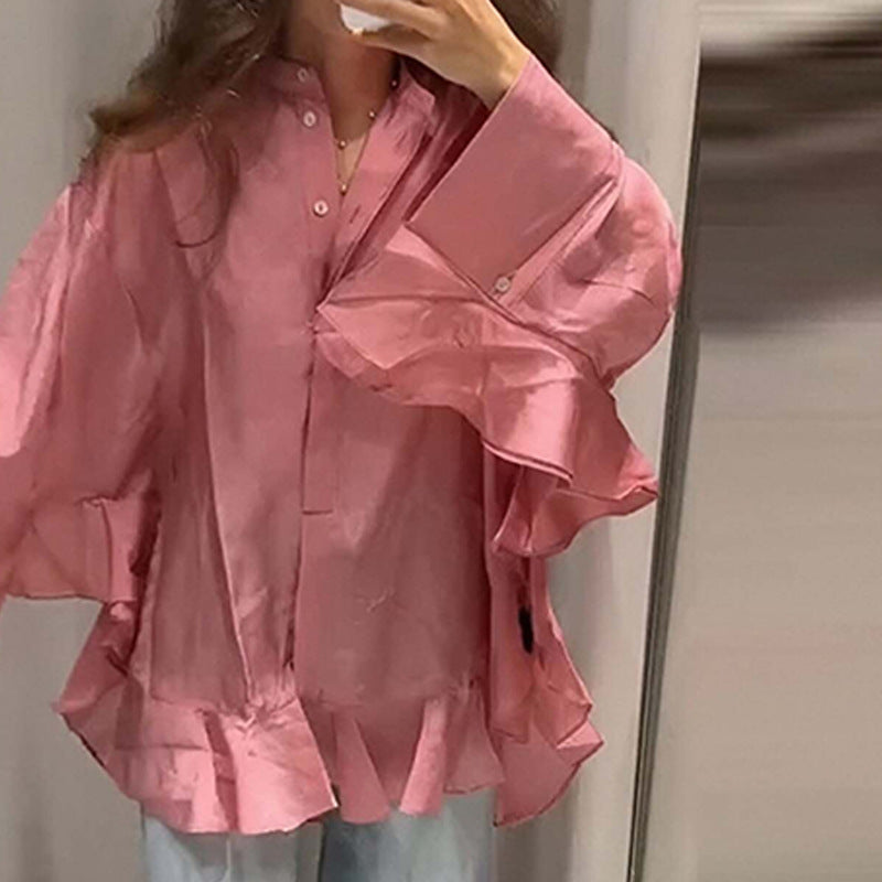 Solid-color Top With Ruffled Hem, Stand-up Collar, And Batwing Sleeves