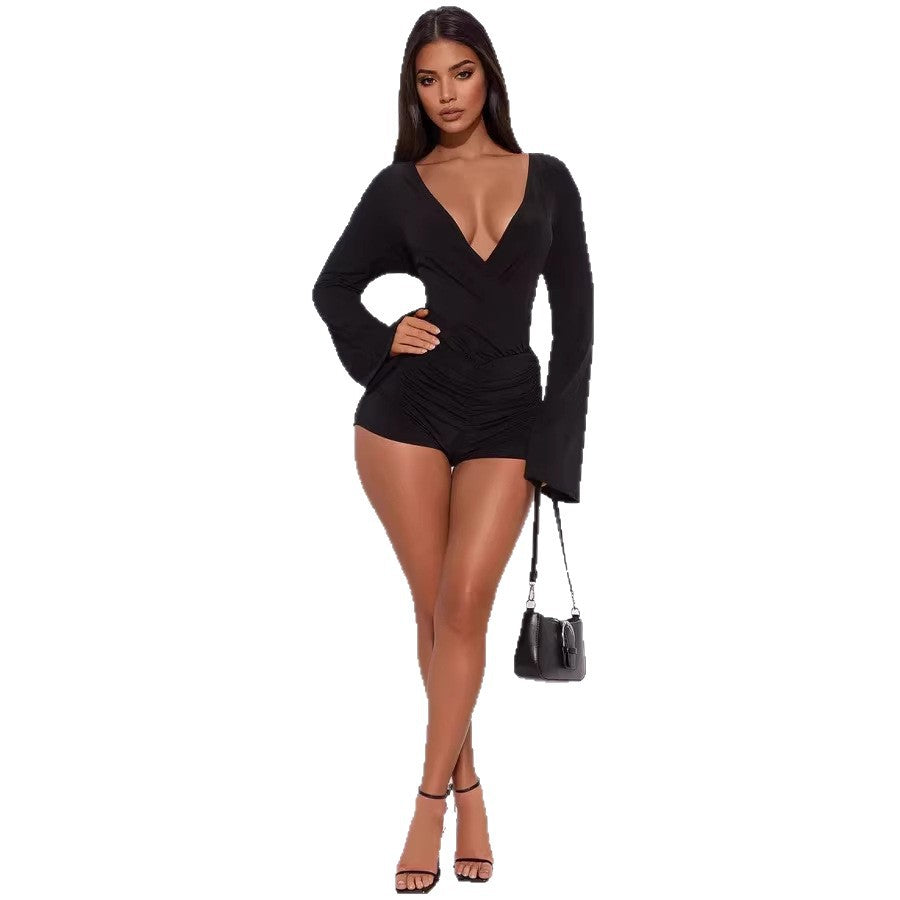 Fashionable Versatile Solid-color Slim-fit Bodycon Short Jumpsuit