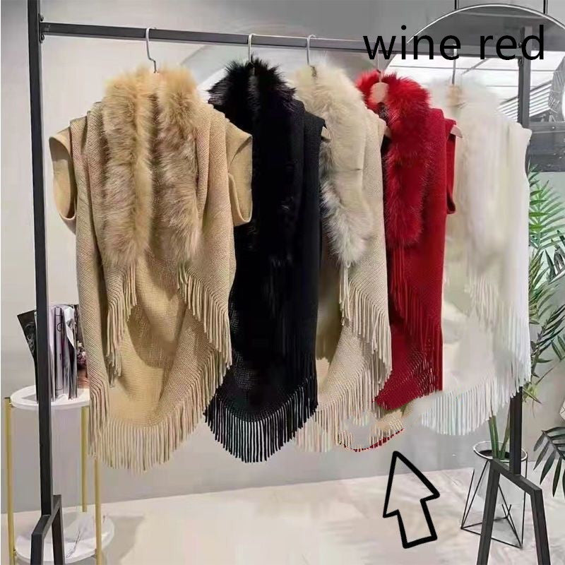 Knitted Shawl Fur Collar Jacket Autumn And Winter Large Size Loose Warm Cloak
