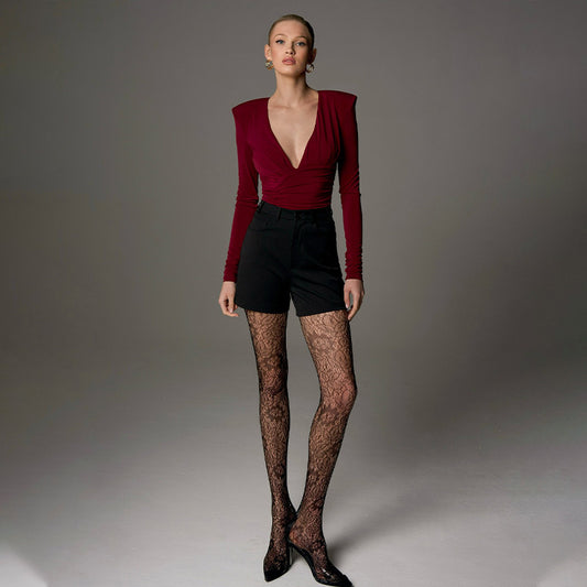 Ensfarvet High-end Dyb V-hals Langærmet Med Skulderpuder Højelastisk Tætsiddende Slankende Bodysuit