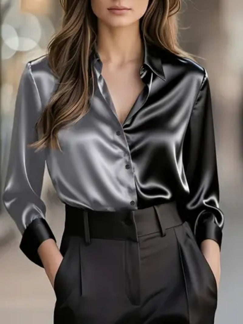 Elegant And Fashionable Double-tone Lapel Button-up Shirt For Women