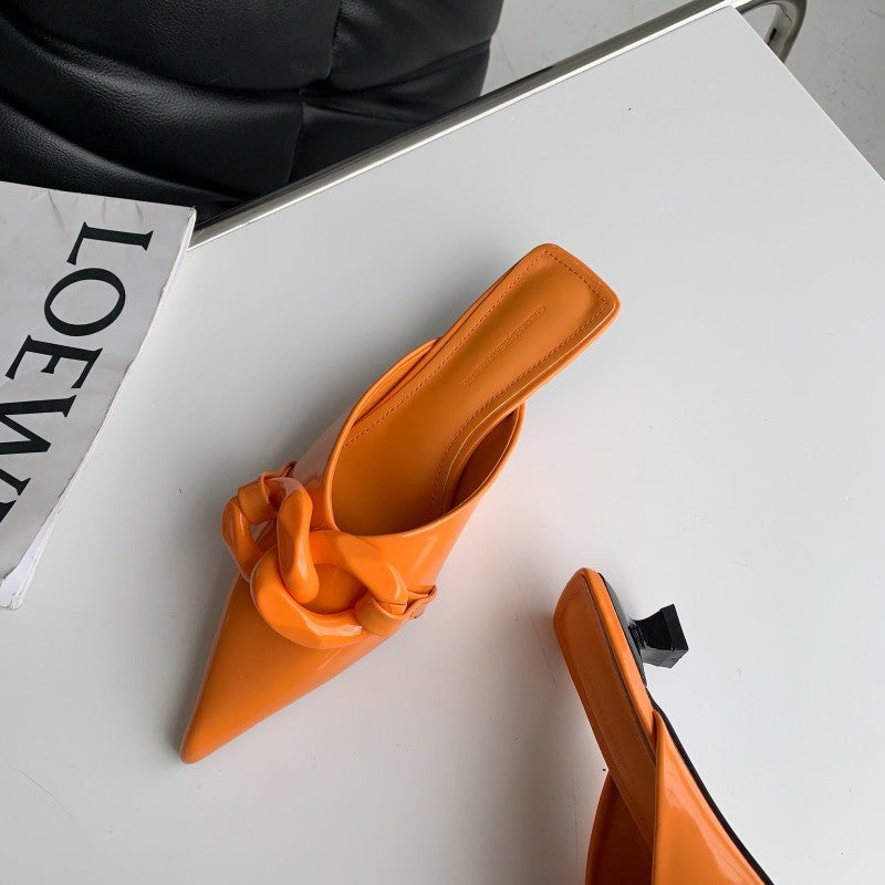 Fashion Candy Color Chain Pointed Toe Low Heel Baotou Half Slippers Women