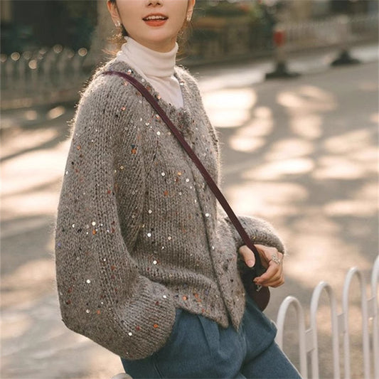 Retro Gray Sequins Sweater Cardigan Coat