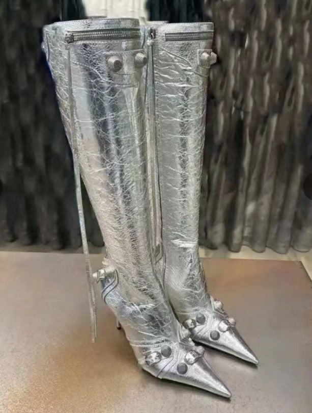 Stiletto Heel Pointed-toe Side Zip Metal Rivet Boots