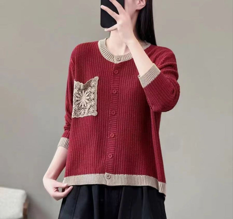Retro Knitted Cardigan Women Round Neck Loose