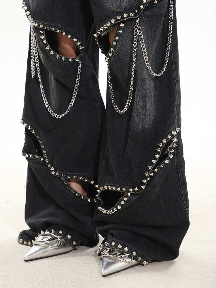 Heavy Industry Metal Rivet Chain Hollow-out Design Jeans